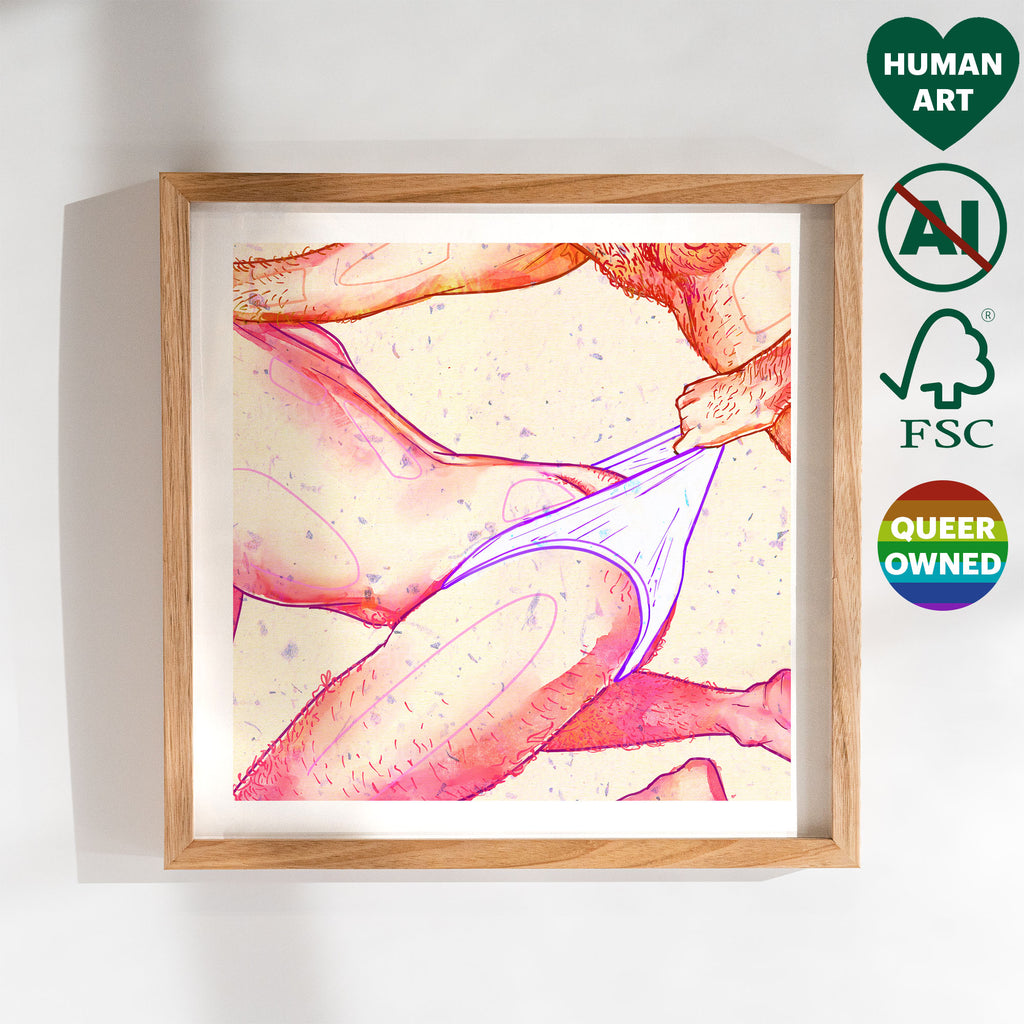 Playful and erotic gay illustration of an intimate moment, black and white sketch, gay art print, masculine energy decor.