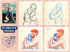 Emotional drawing of a man being held from behind, theme of support and love, queer art wall decor, gay male illustration.