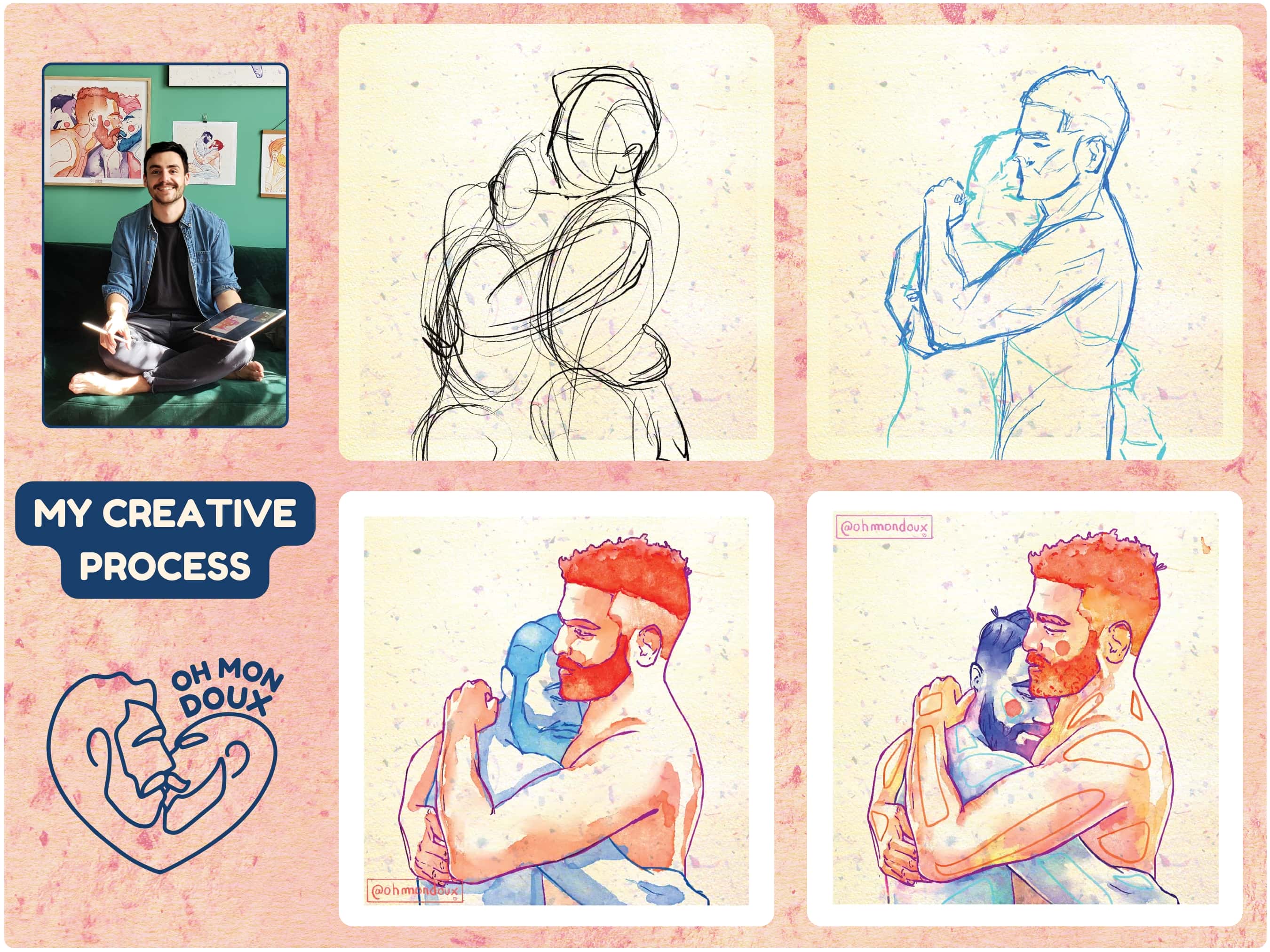 Emotional drawing of a man being held from behind, theme of support and love, queer art wall decor, gay male illustration.