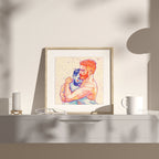 Emotional drawing of a man being held from behind, theme of support and love, queer art wall decor, gay male illustration.
