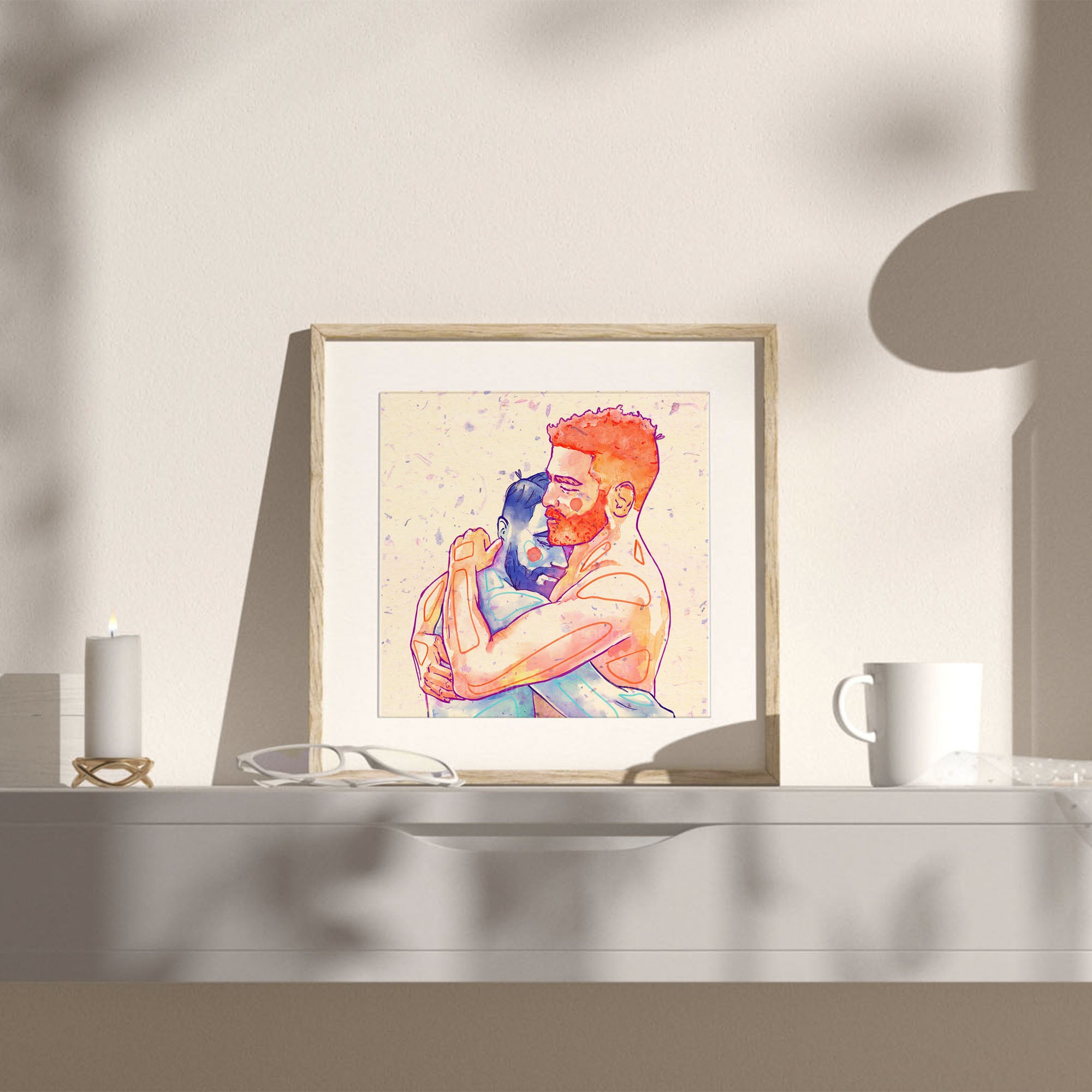 Emotional drawing of a man being held from behind, theme of support and love, queer art wall decor, gay male illustration.