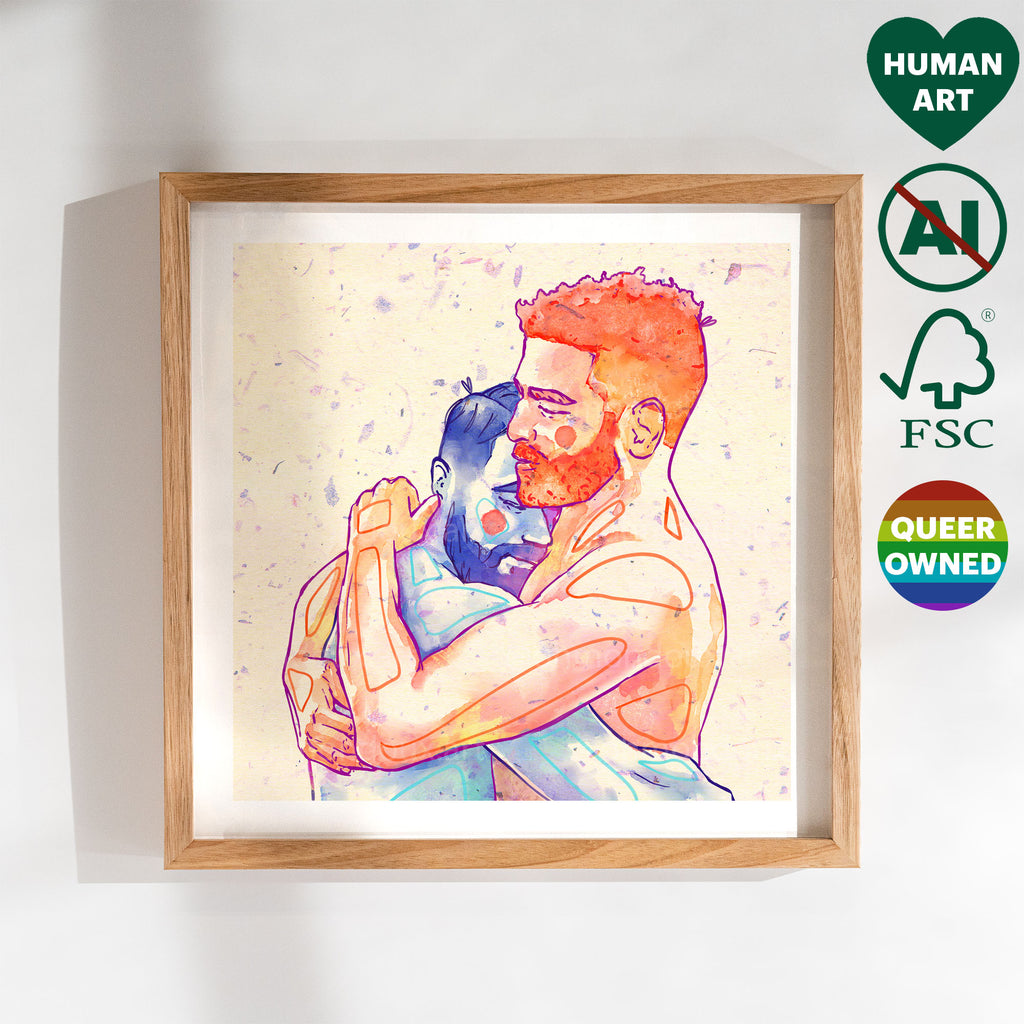 Emotional drawing of a man being held from behind, theme of support and love, queer art wall decor, gay male illustration.