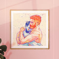 Emotional drawing of a man being held from behind, theme of support and love, queer art wall decor, gay male illustration.