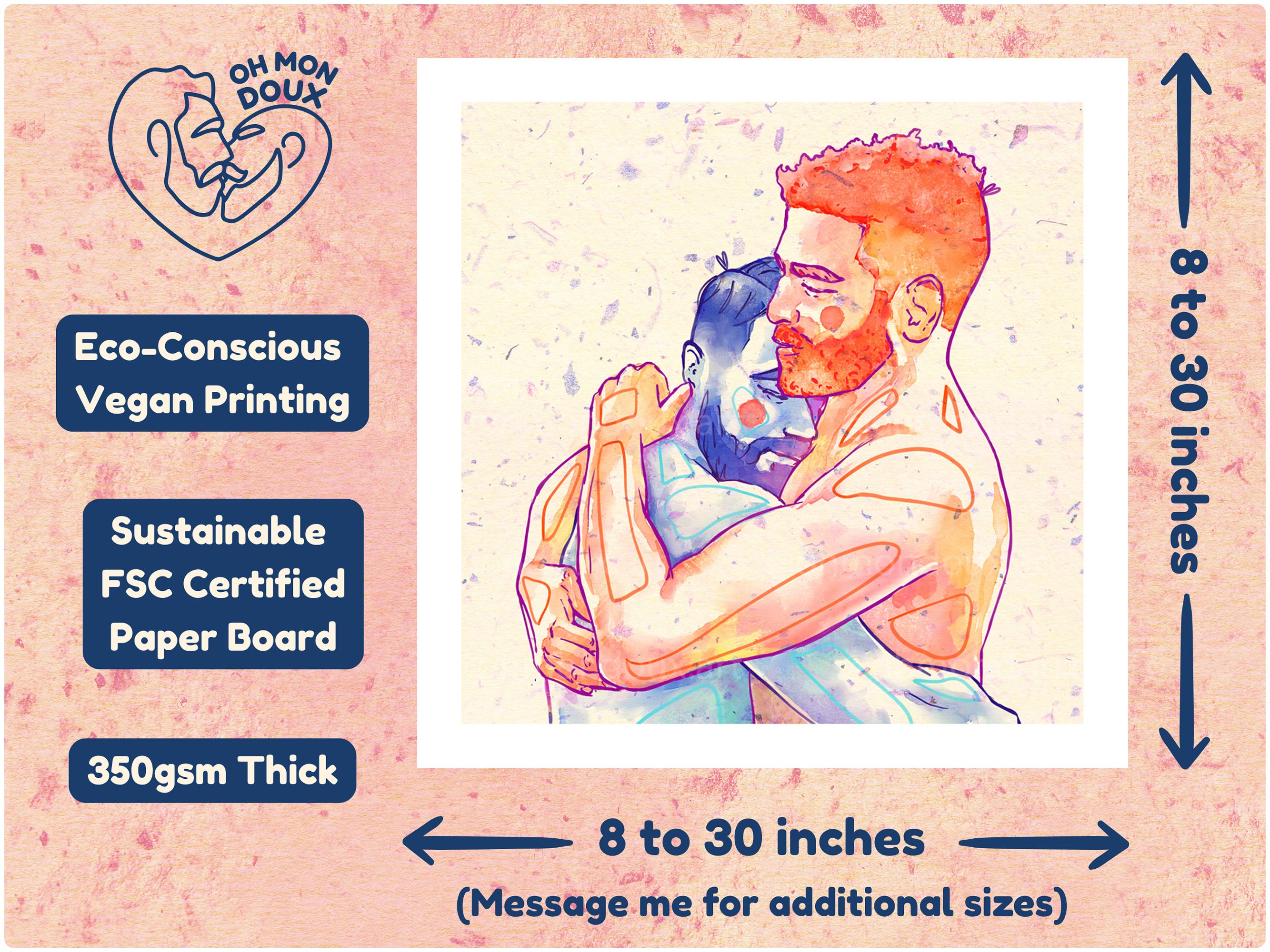 Emotional drawing of a man being held from behind, theme of support and love, queer art wall decor, gay male illustration.