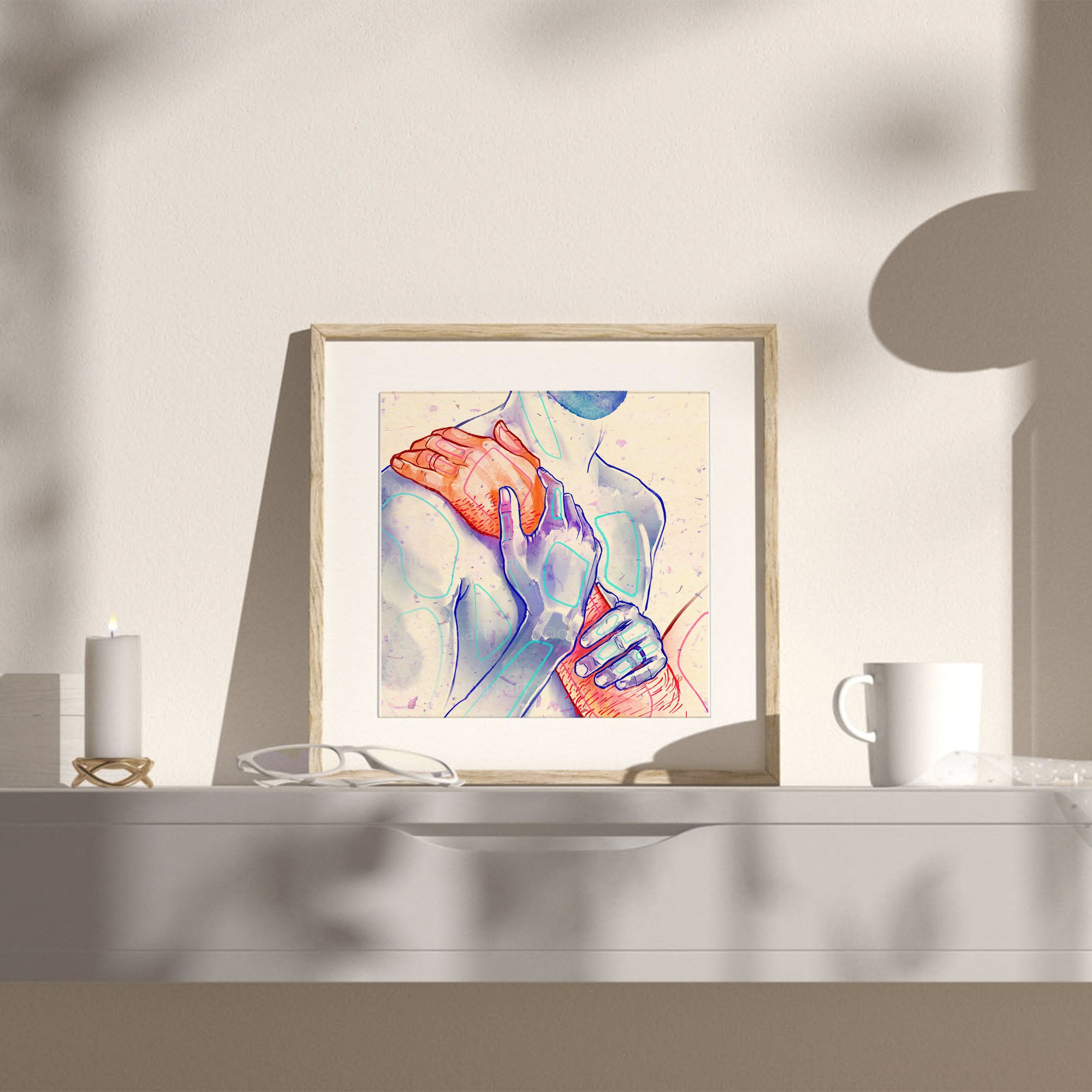 Cozy and intimate gay art depicting two men cuddling, minimalist line art, gay couple gift idea, queer wall art.