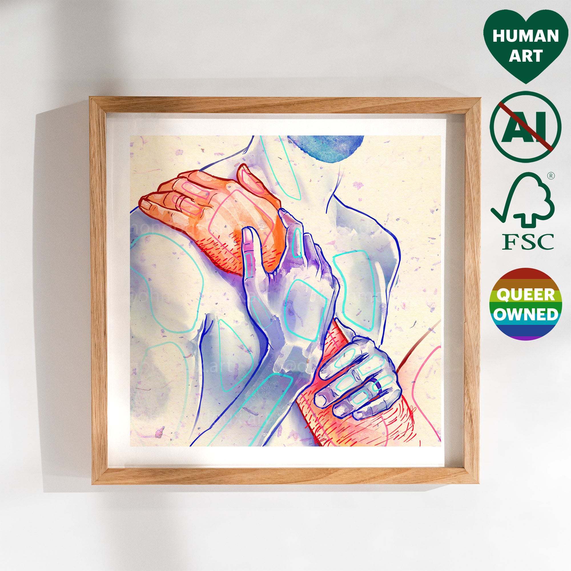 Cozy and intimate gay art depicting two men cuddling, minimalist line art, gay couple gift idea, queer wall art.