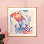 Cozy and intimate gay art depicting two men cuddling, minimalist line art, gay couple gift idea, queer wall art.