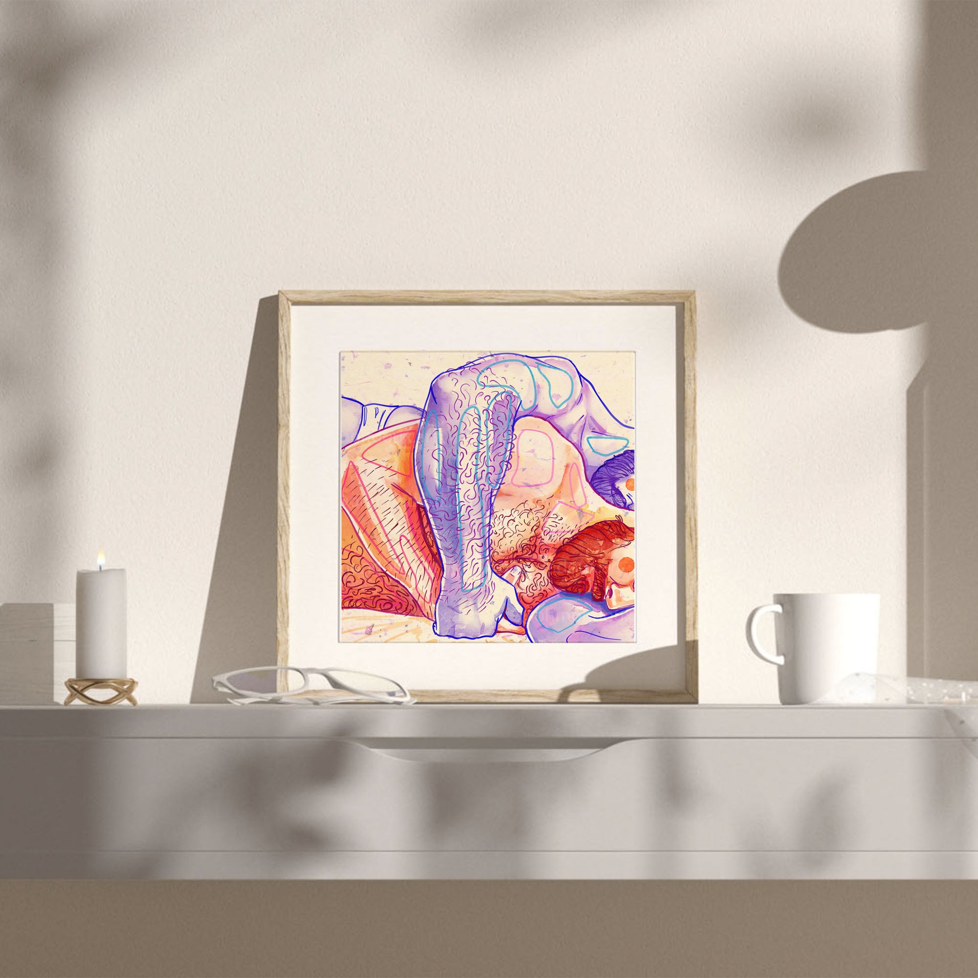 Protective embrace between two men, charcoal style illustration, gay pride wall art, masculine tenderness sketch.
