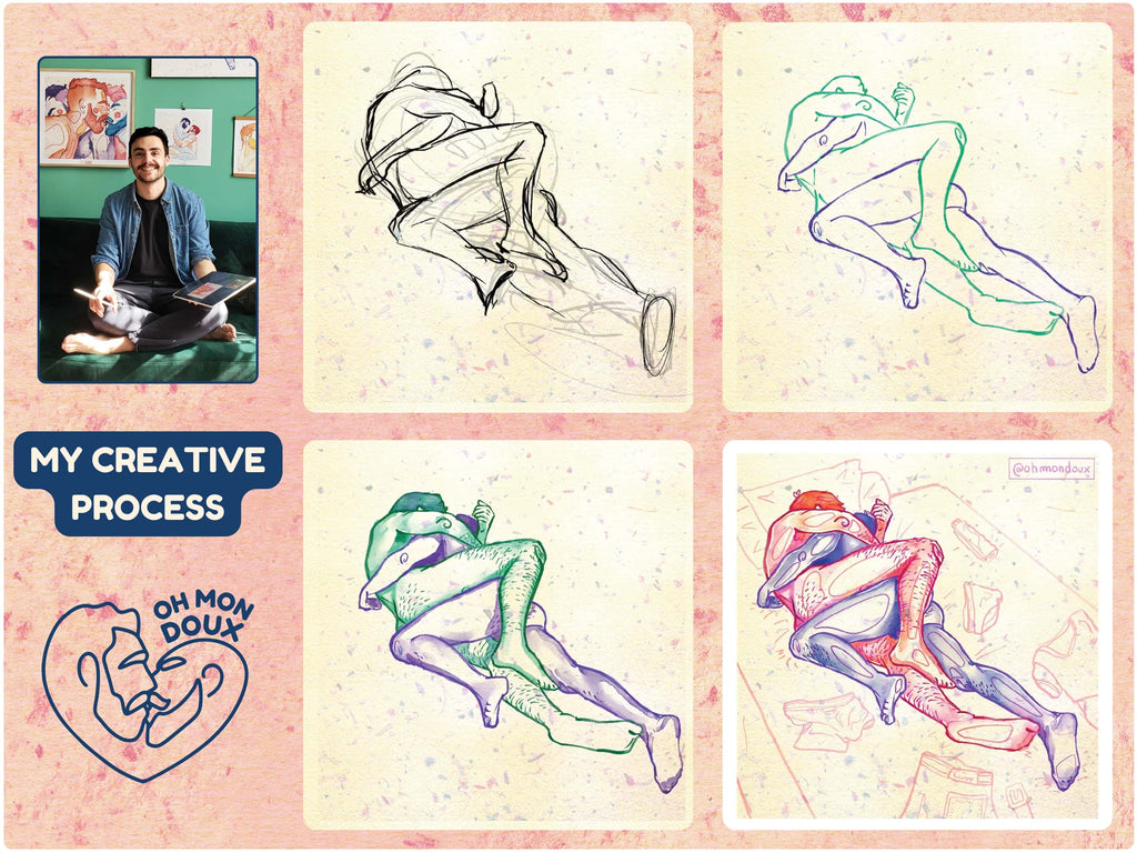 Artistic and complex male figure drawing, intertwined bodies, gay erotic art, contemporary queer illustration.
