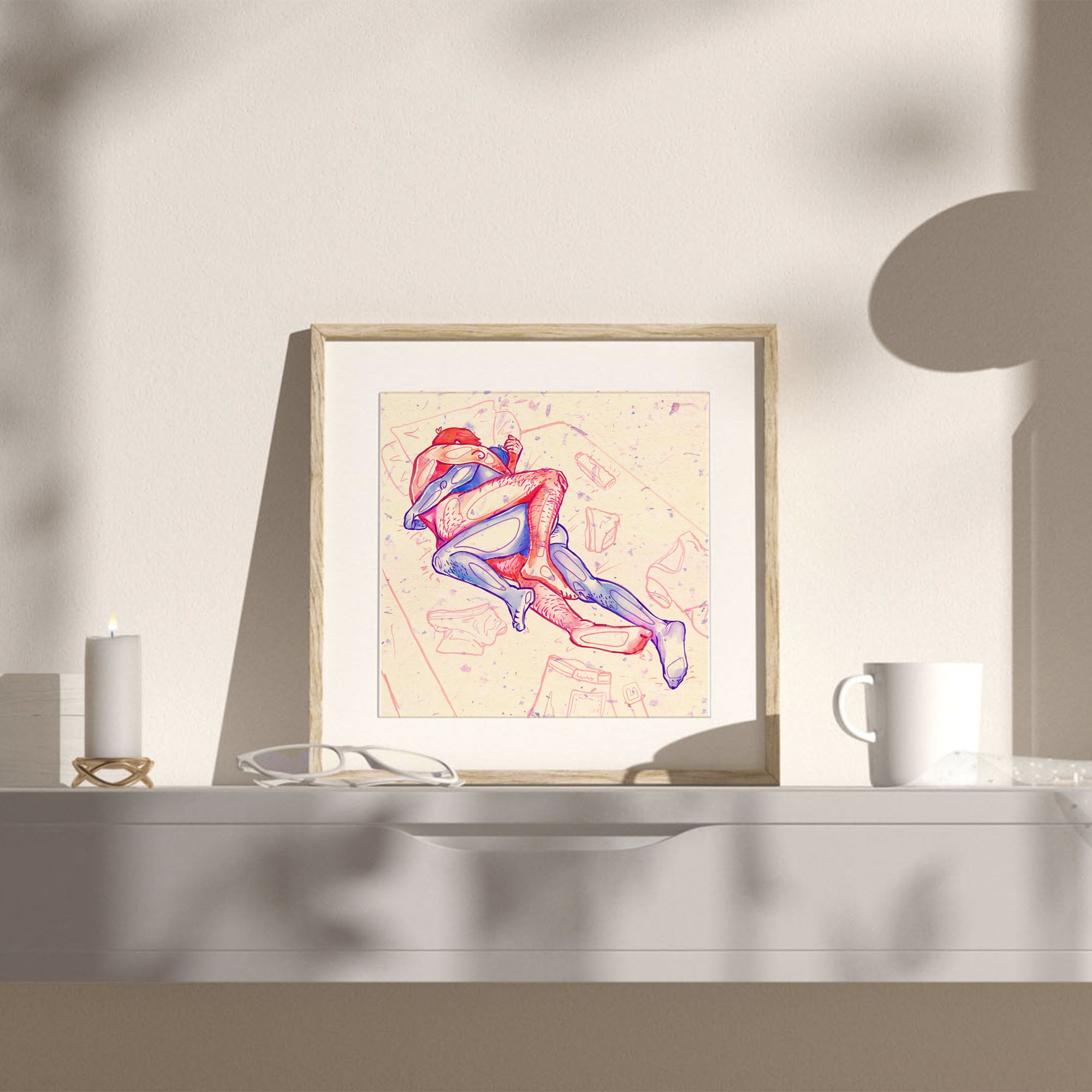Artistic and complex male figure drawing, intertwined bodies, gay erotic art, contemporary queer illustration.