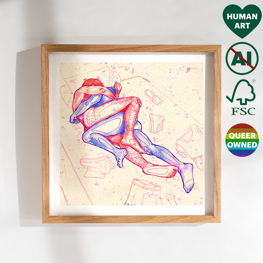 Artistic and complex male figure drawing, intertwined bodies, gay erotic art, contemporary queer illustration.