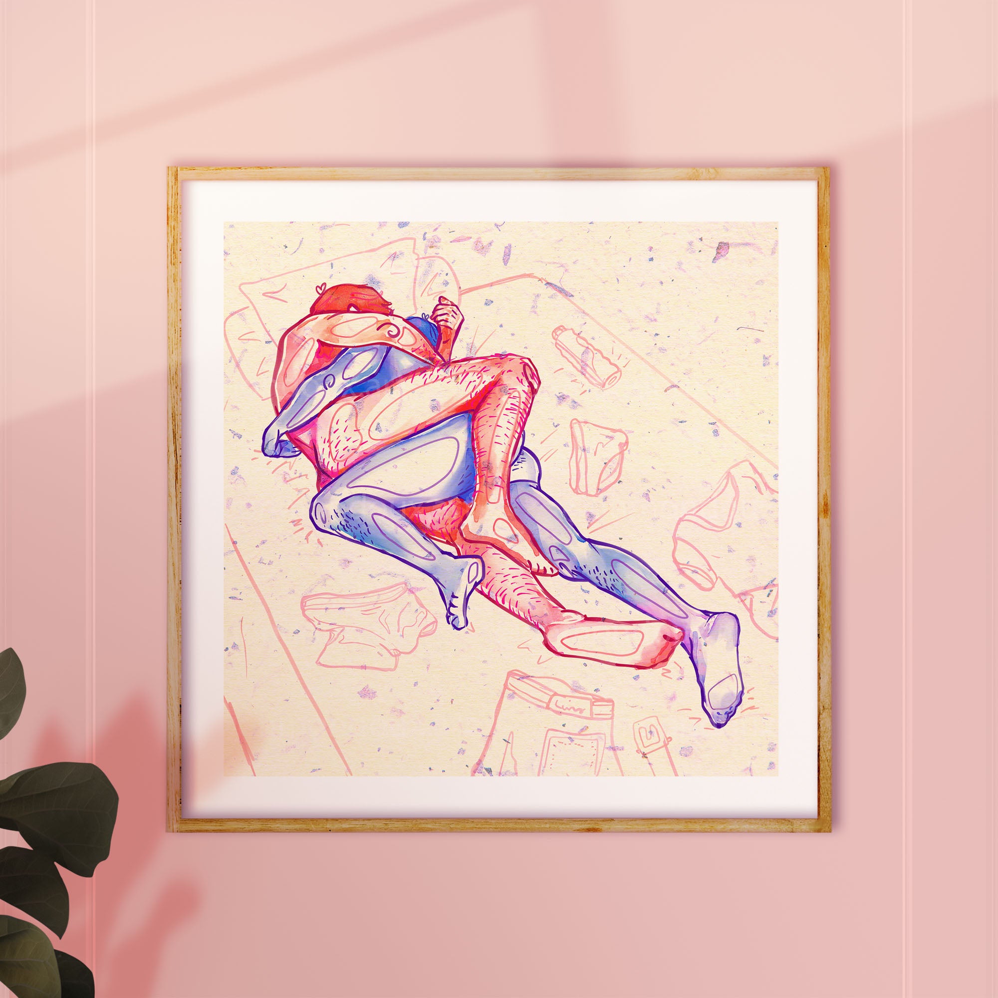 Artistic and complex male figure drawing, intertwined bodies, gay erotic art, contemporary queer illustration.