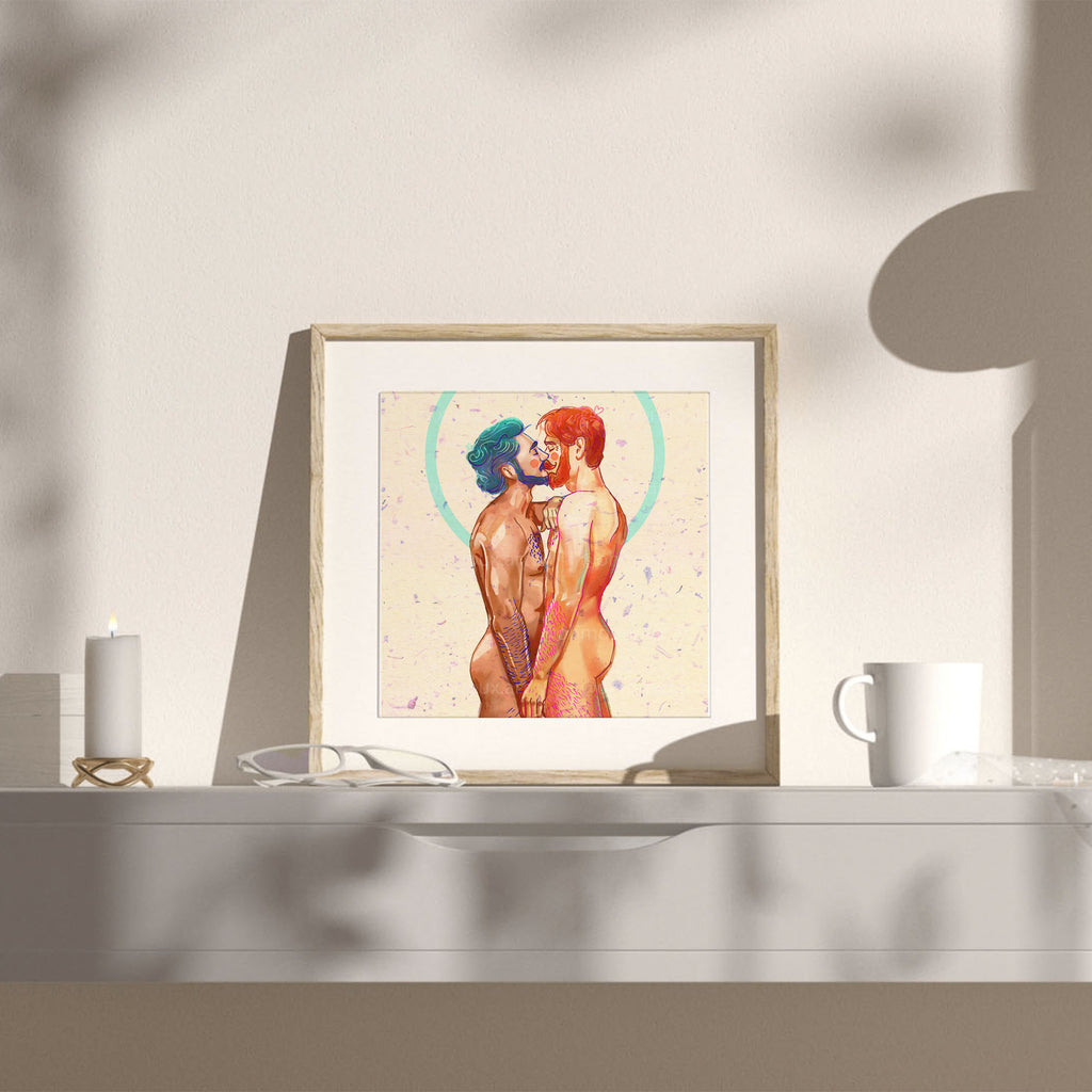 Dreamy and soft illustration of a male figure, ethereal queer art print, homoerotic wall decor, Oh Mon Doux original style.