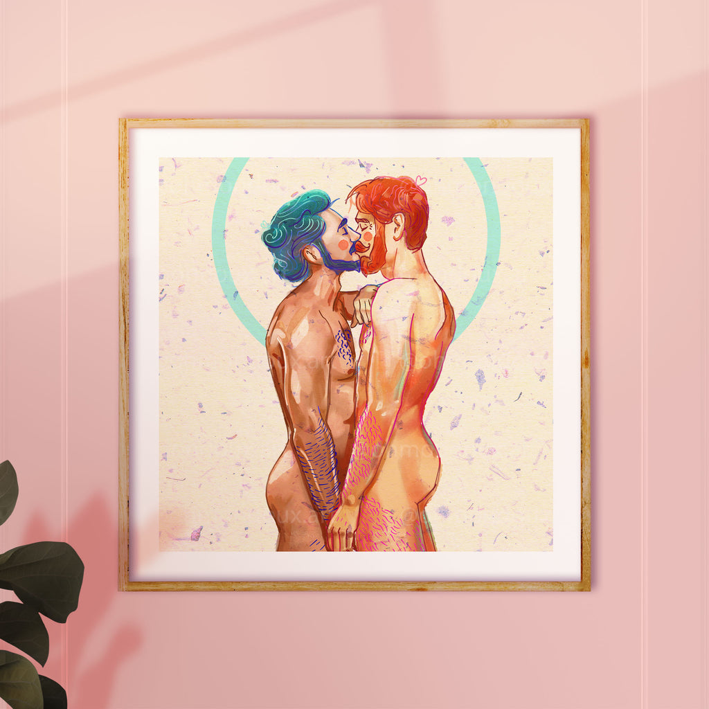 Dreamy and soft illustration of a male figure, ethereal queer art print, homoerotic wall decor, Oh Mon Doux original style.