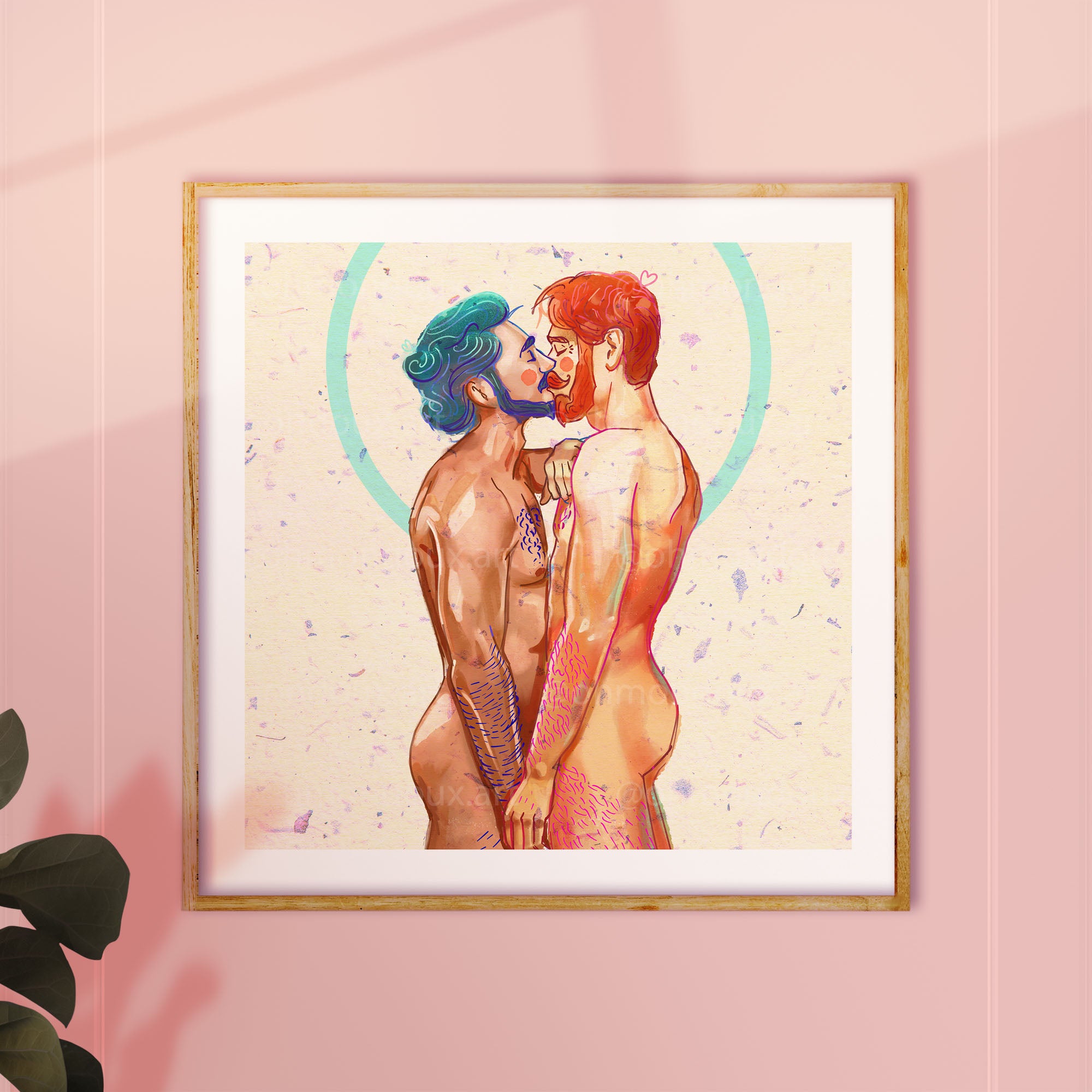 Dreamy and soft illustration of a male figure, ethereal queer art print, homoerotic wall decor, Oh Mon Doux original style.