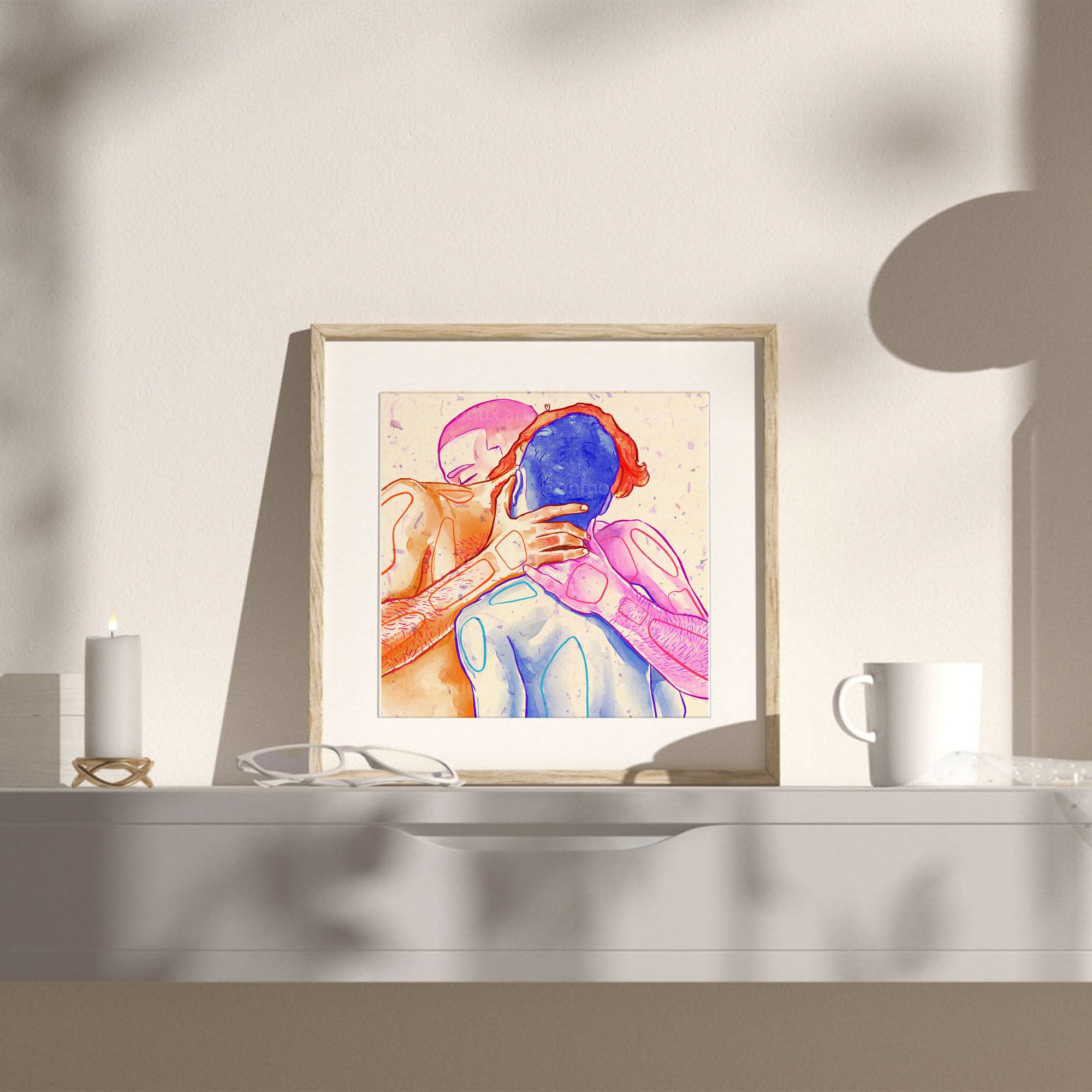 Intimate gay illustration of a couple relaxing together, queer art print for home decor, minimalist male drawing, Oh Mon Doux.