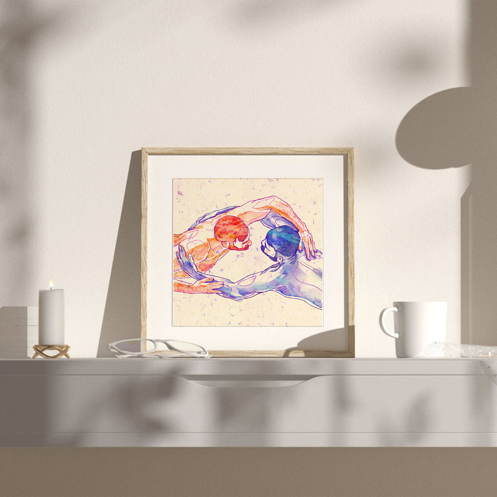 Ethereal drawing of a man swimming or floating, poetic homoerotic art, gay wall art, minimalist blue line art aesthetic.