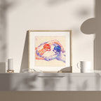 Ethereal drawing of a man swimming or floating, poetic homoerotic art, gay wall art, minimalist blue line art aesthetic.