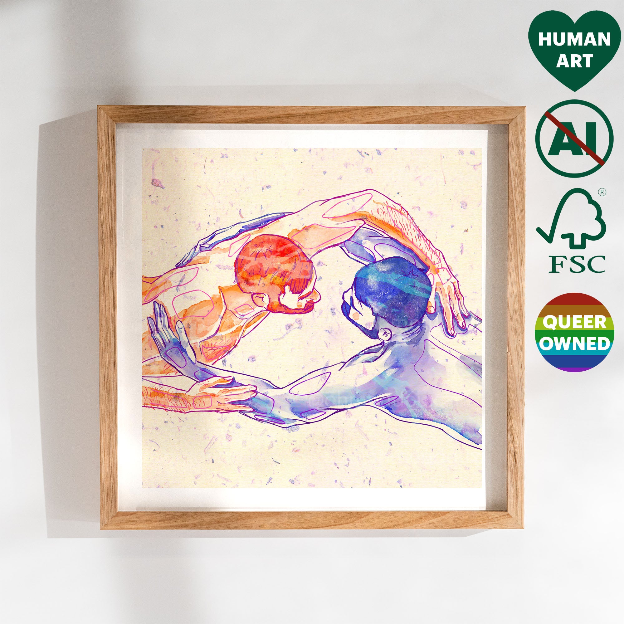 Ethereal drawing of a man swimming or floating, poetic homoerotic art, gay wall art, minimalist blue line art aesthetic.