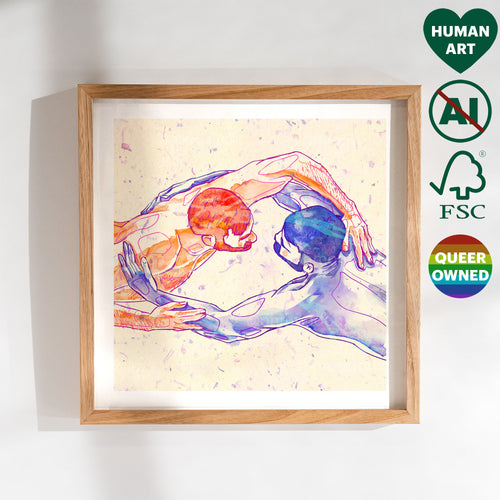 Ethereal drawing of a man swimming or floating, poetic homoerotic art, gay wall art, minimalist blue line art aesthetic.