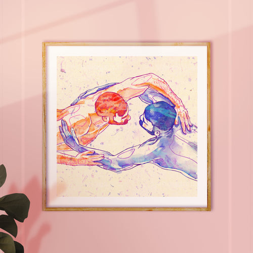Ethereal drawing of a man swimming or floating, poetic homoerotic art, gay wall art, minimalist blue line art aesthetic.