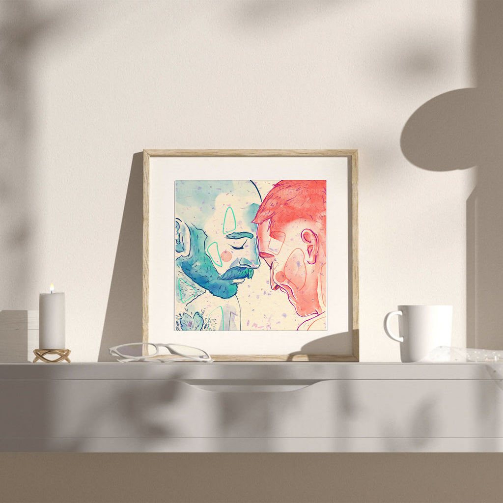 Minimalist illustration of two men in a deep, supportive embrace, queer wall art, gay art print about emotional connection.
