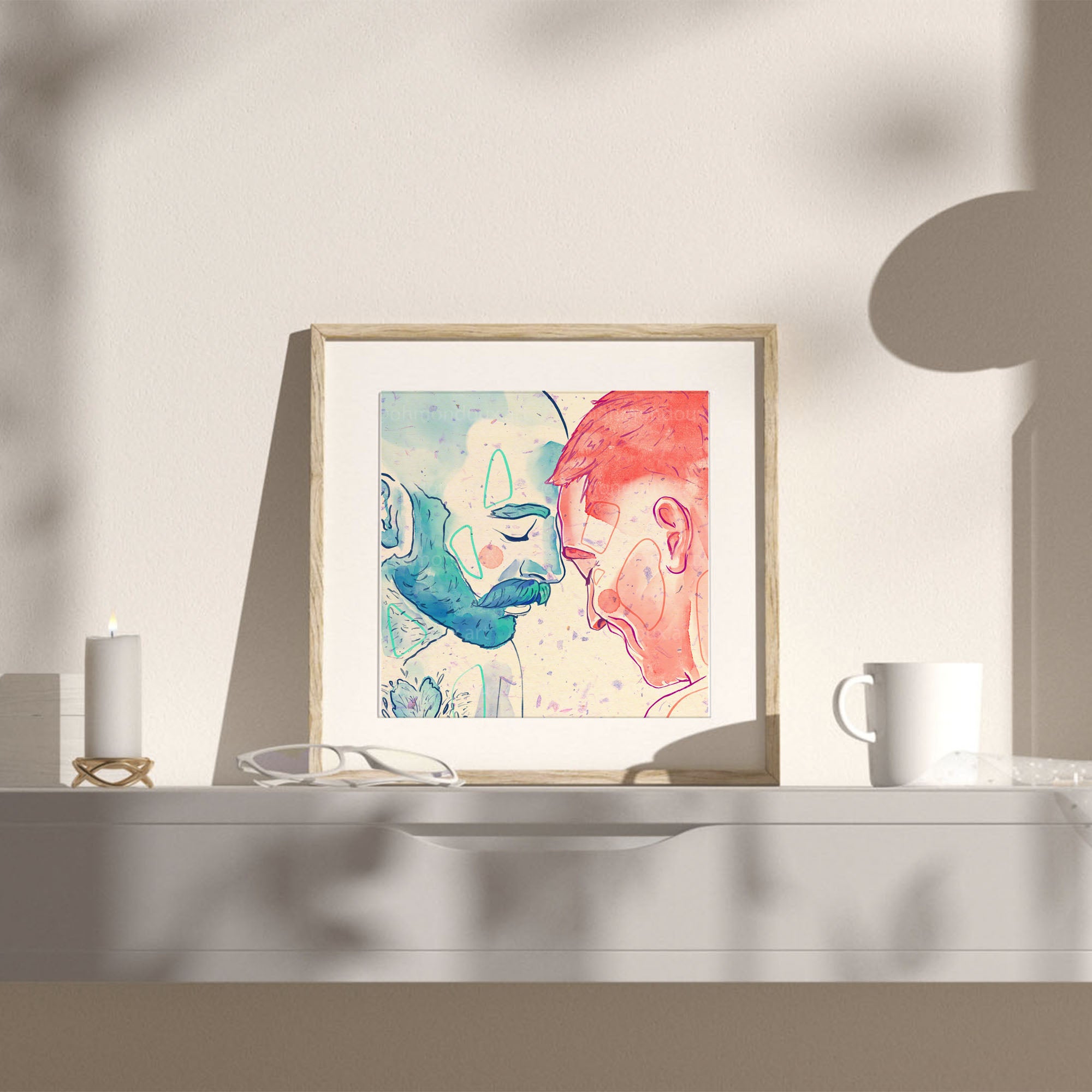 Minimalist illustration of two men in a deep, supportive embrace, queer wall art, gay art print about emotional connection.