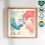 Minimalist illustration of two men in a deep, supportive embrace, queer wall art, gay art print about emotional connection.