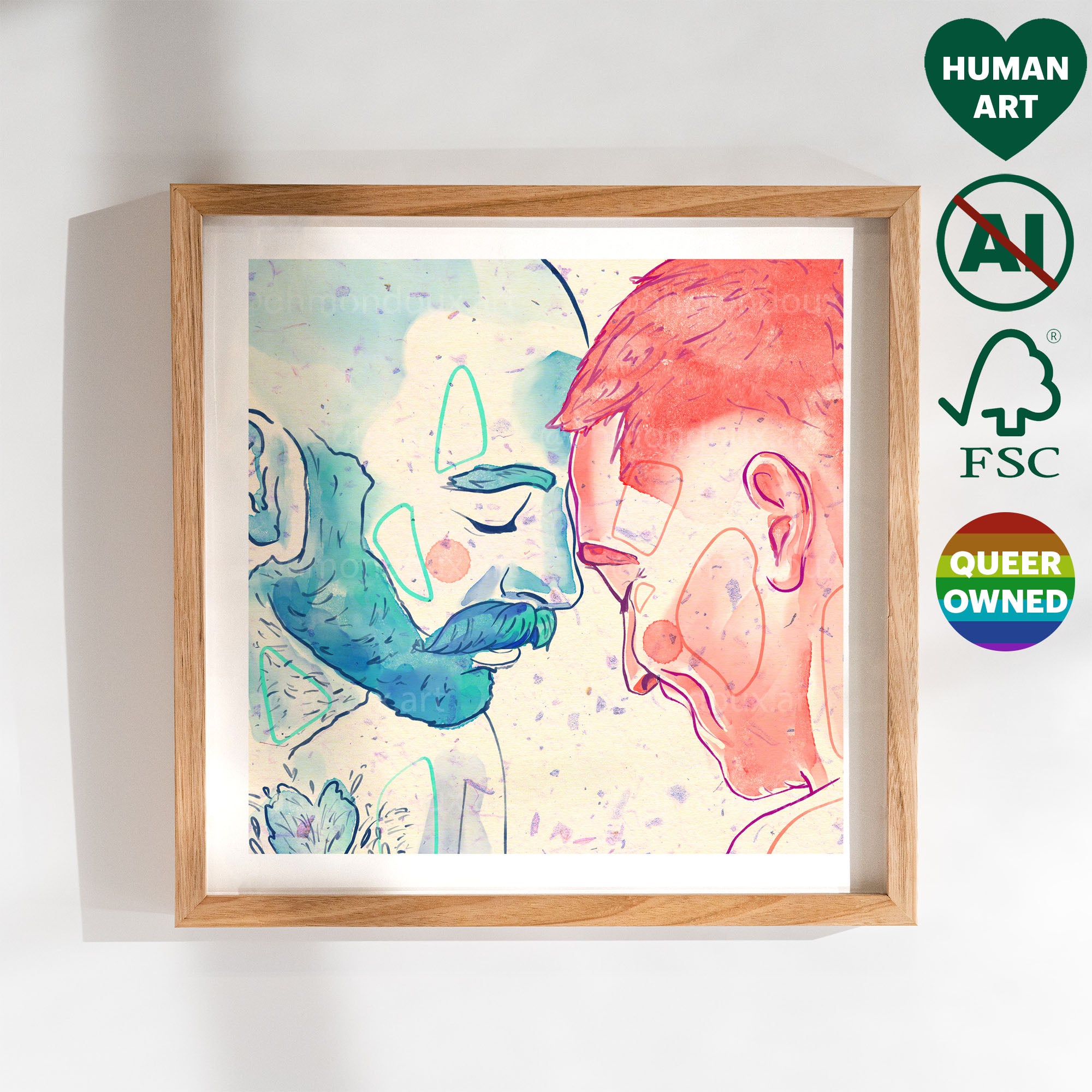 Minimalist illustration of two men in a deep, supportive embrace, queer wall art, gay art print about emotional connection.