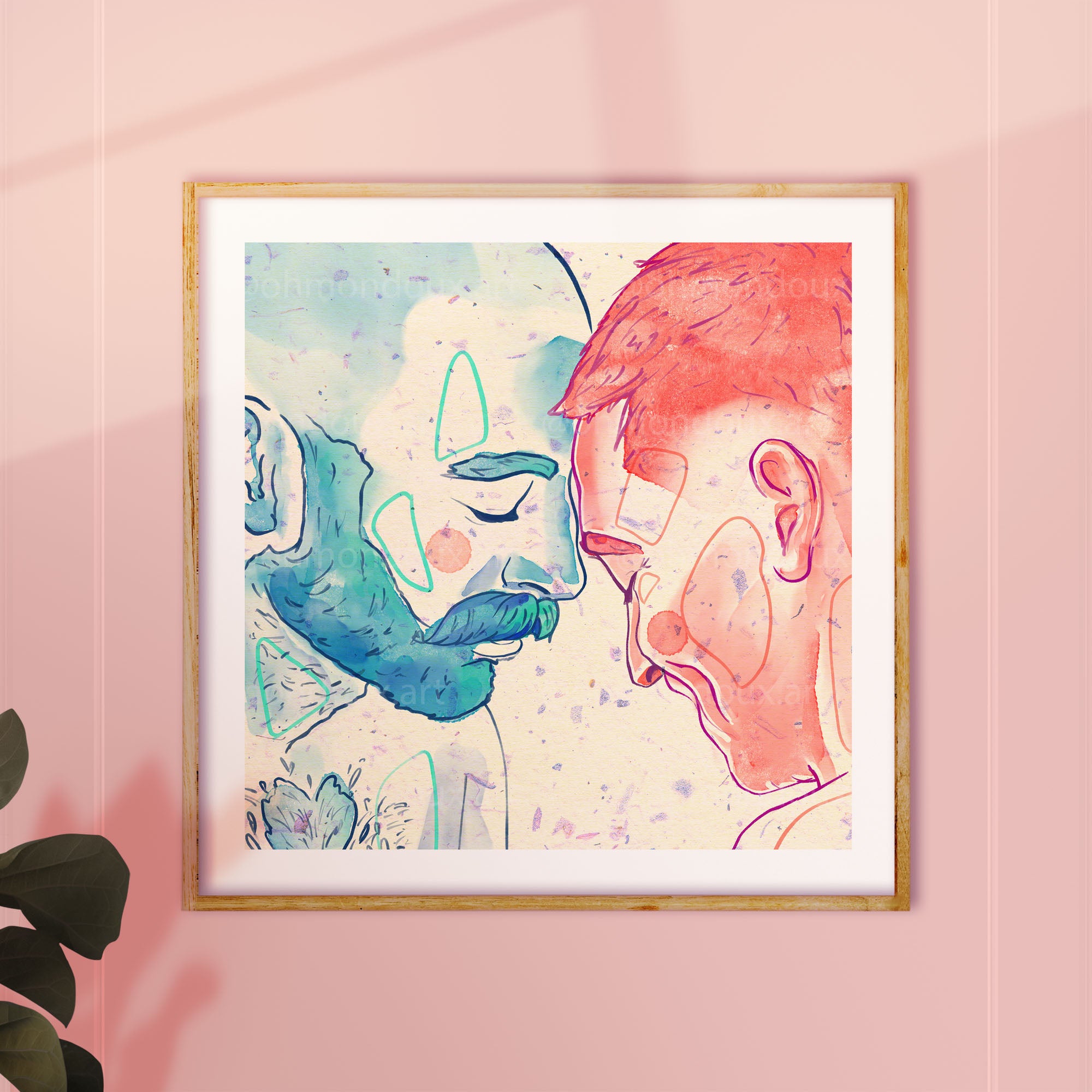 Minimalist illustration of two men in a deep, supportive embrace, queer wall art, gay art print about emotional connection.