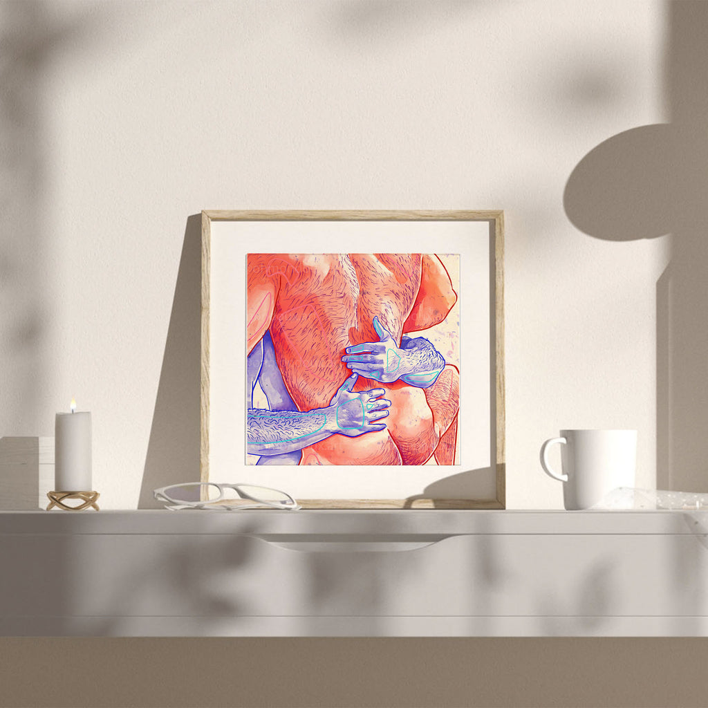 Playful and erotic gay drawing with a 'puppy' theme, masculine energy, gay erotic art print, queer bedroom decor.