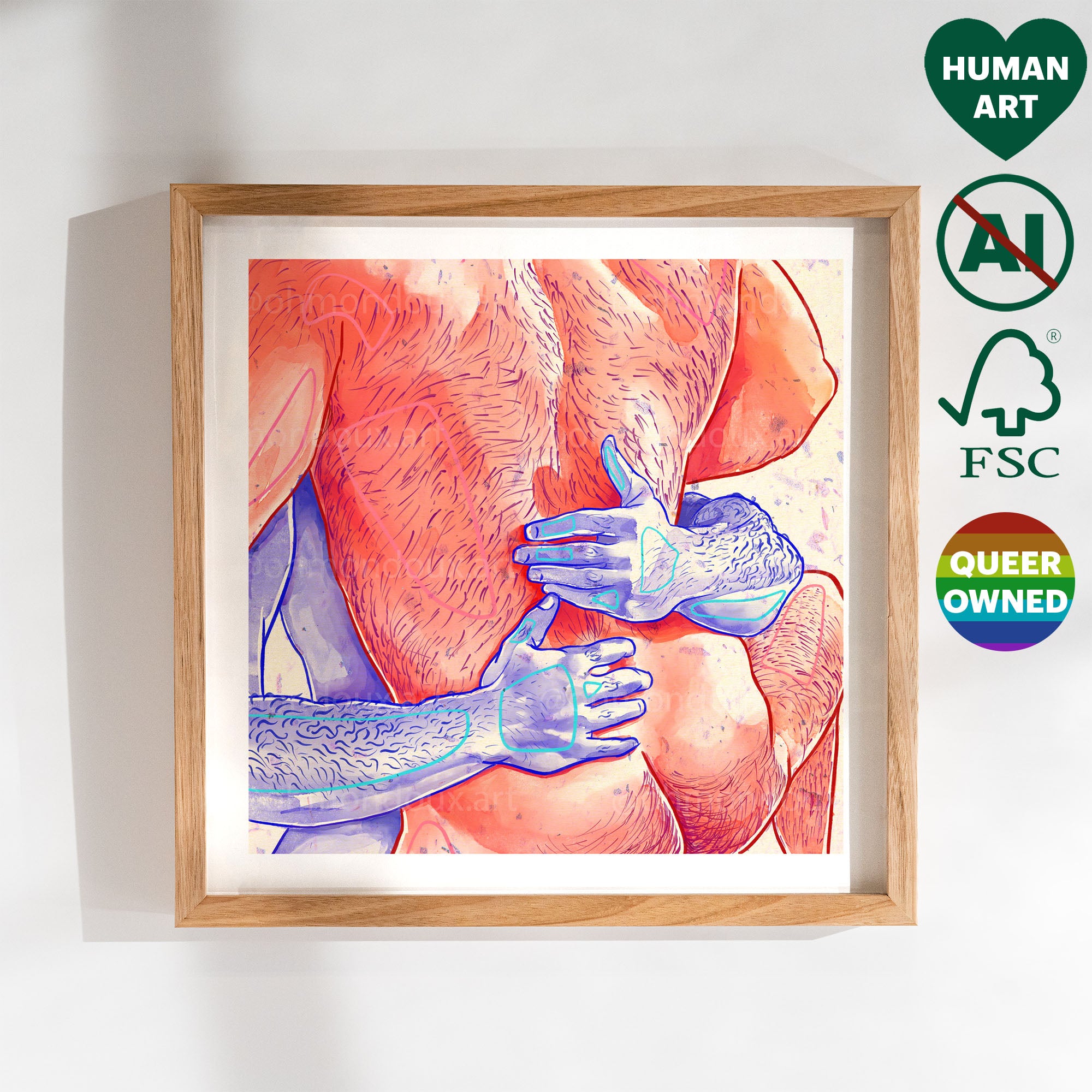 Playful and erotic gay drawing with a 'puppy' theme, masculine energy, gay erotic art print, queer bedroom decor.