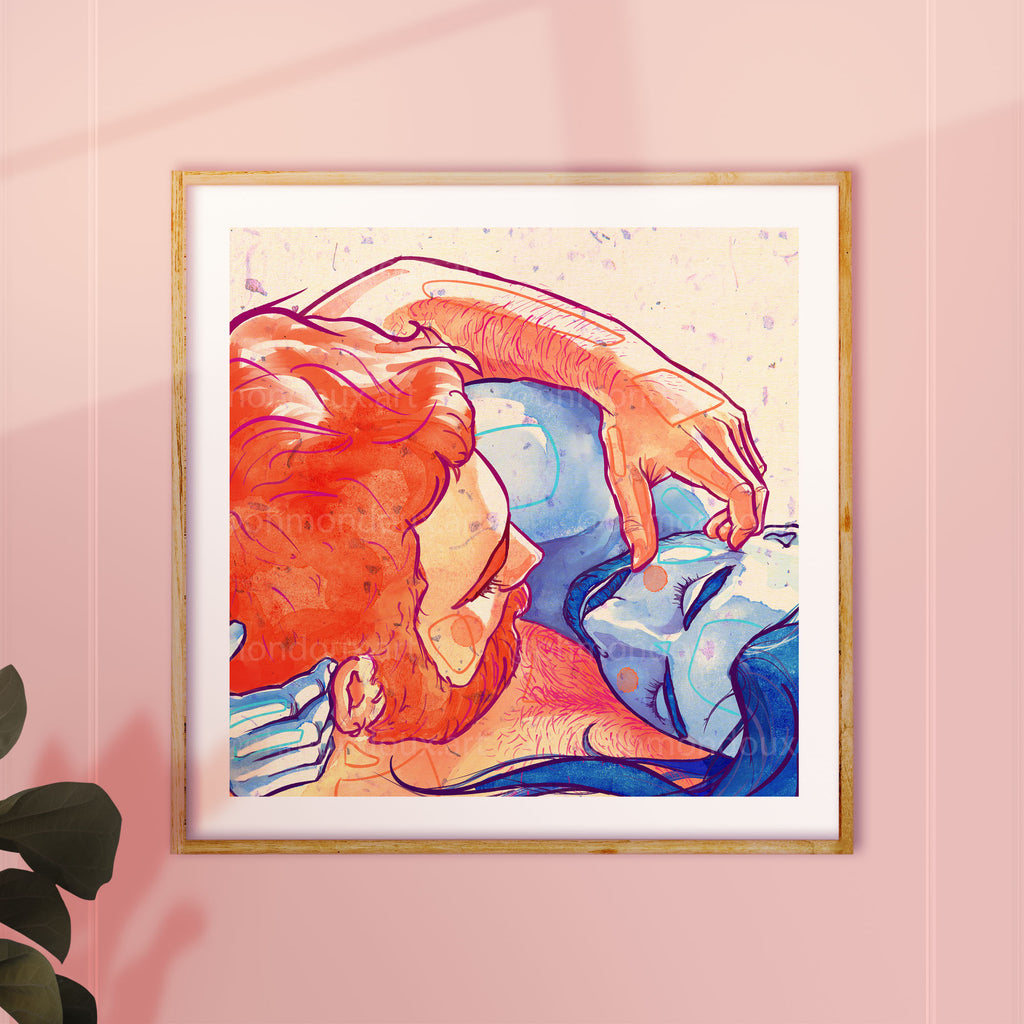 Sensual and tender gay illustration of a man resting on his partner, male intimacy, queer art, gay home gallery print.