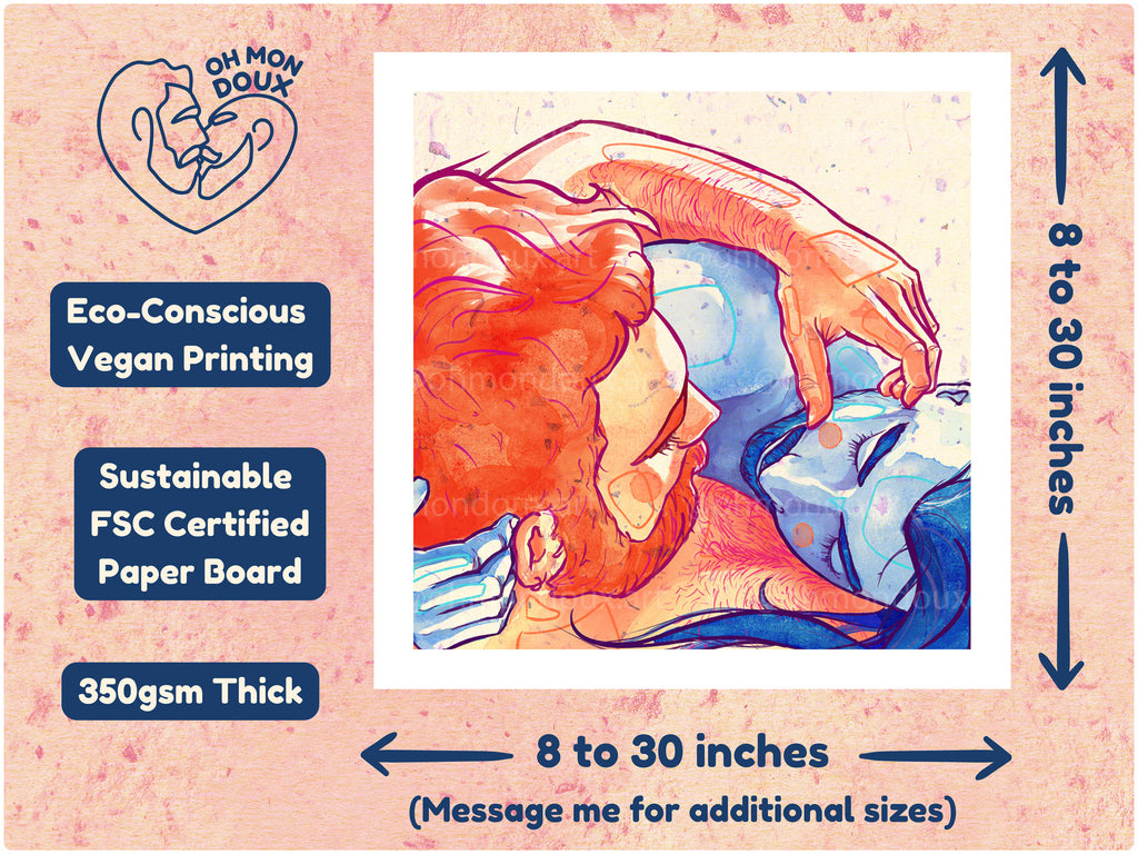 Sensual and tender gay illustration of a man resting on his partner, male intimacy, queer art, gay home gallery print.