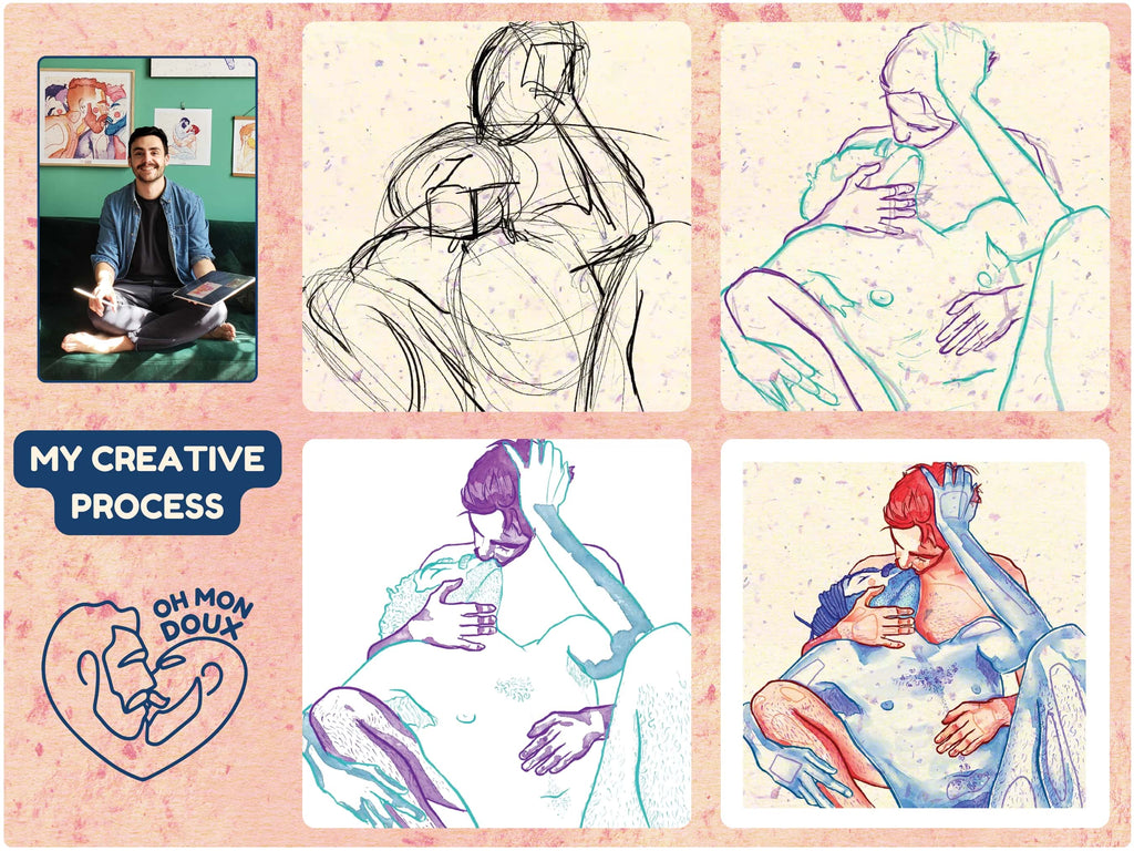 Artistic drawing of multiple figures in an intimate flow, polyamory queer art, gay erotic illustration, modern homoerotic print.