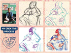 Artistic drawing of multiple figures in an intimate flow, polyamory queer art, gay erotic illustration, modern homoerotic print.