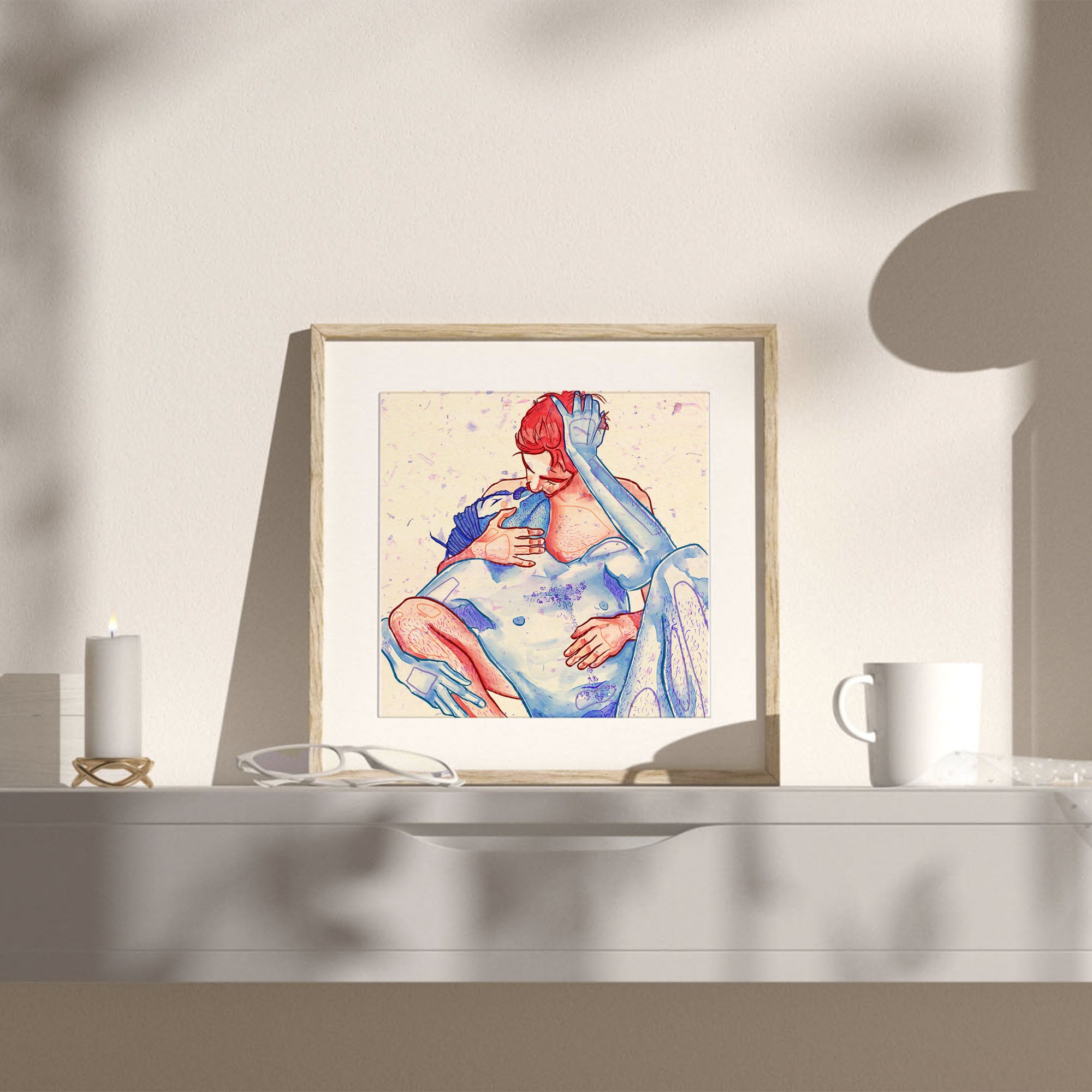 Artistic drawing of multiple figures in an intimate flow, polyamory queer art, gay erotic illustration, modern homoerotic print.