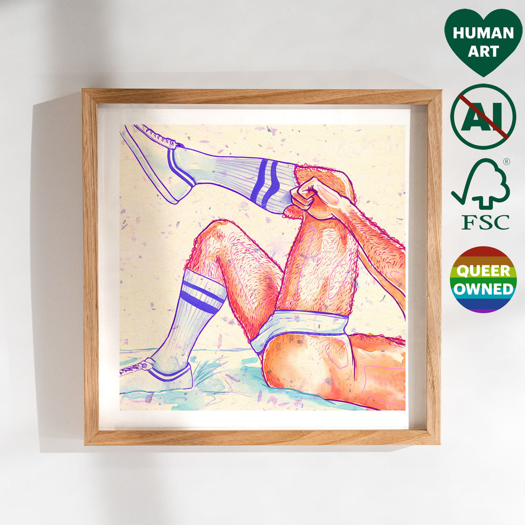 Bold and confident male figure drawing, queer pride art, gay art print with masculine attitude, Oh Mon Doux signature style.
