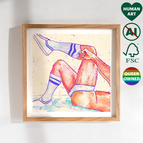 Bold and confident male figure drawing, queer pride art, gay art print with masculine attitude, Oh Mon Doux signature style.