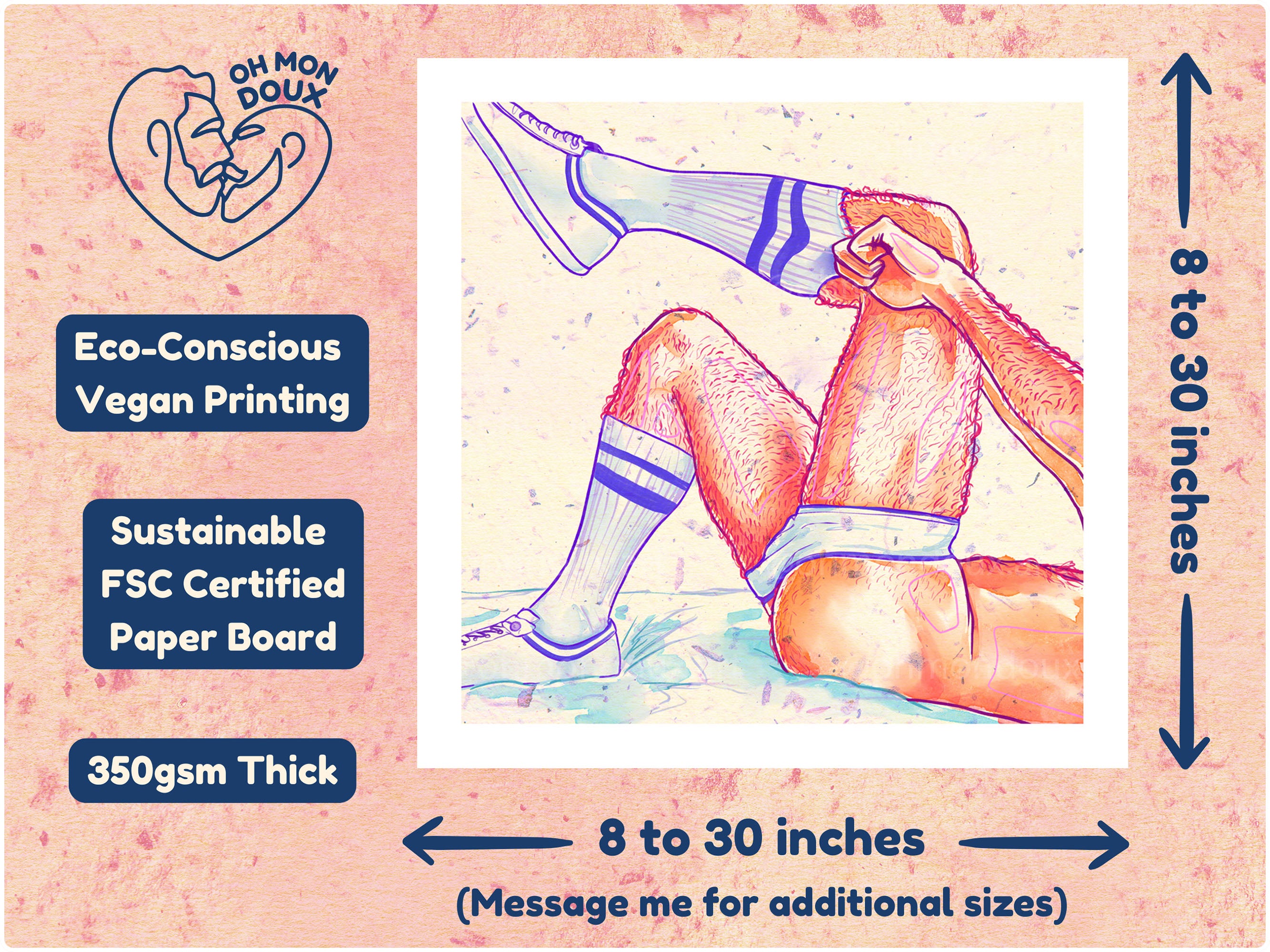 Bold and confident male figure drawing, queer pride art, gay art print with masculine attitude, Oh Mon Doux signature style.