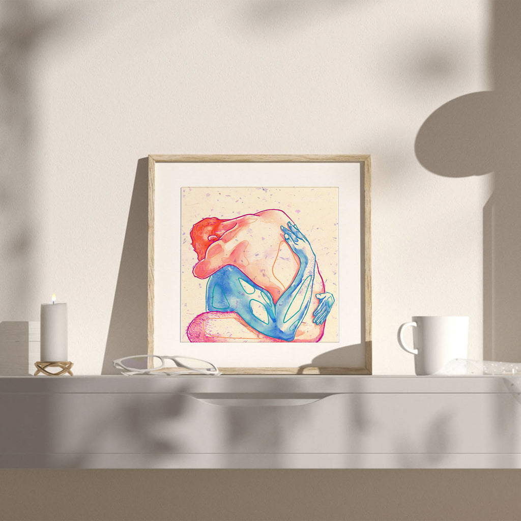 Balanced composition of two men intertwined, symbolic queer illustration, gay wall decor, minimalist intimacy art print.