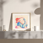 Balanced composition of two men intertwined, symbolic queer illustration, gay wall decor, minimalist intimacy art print.