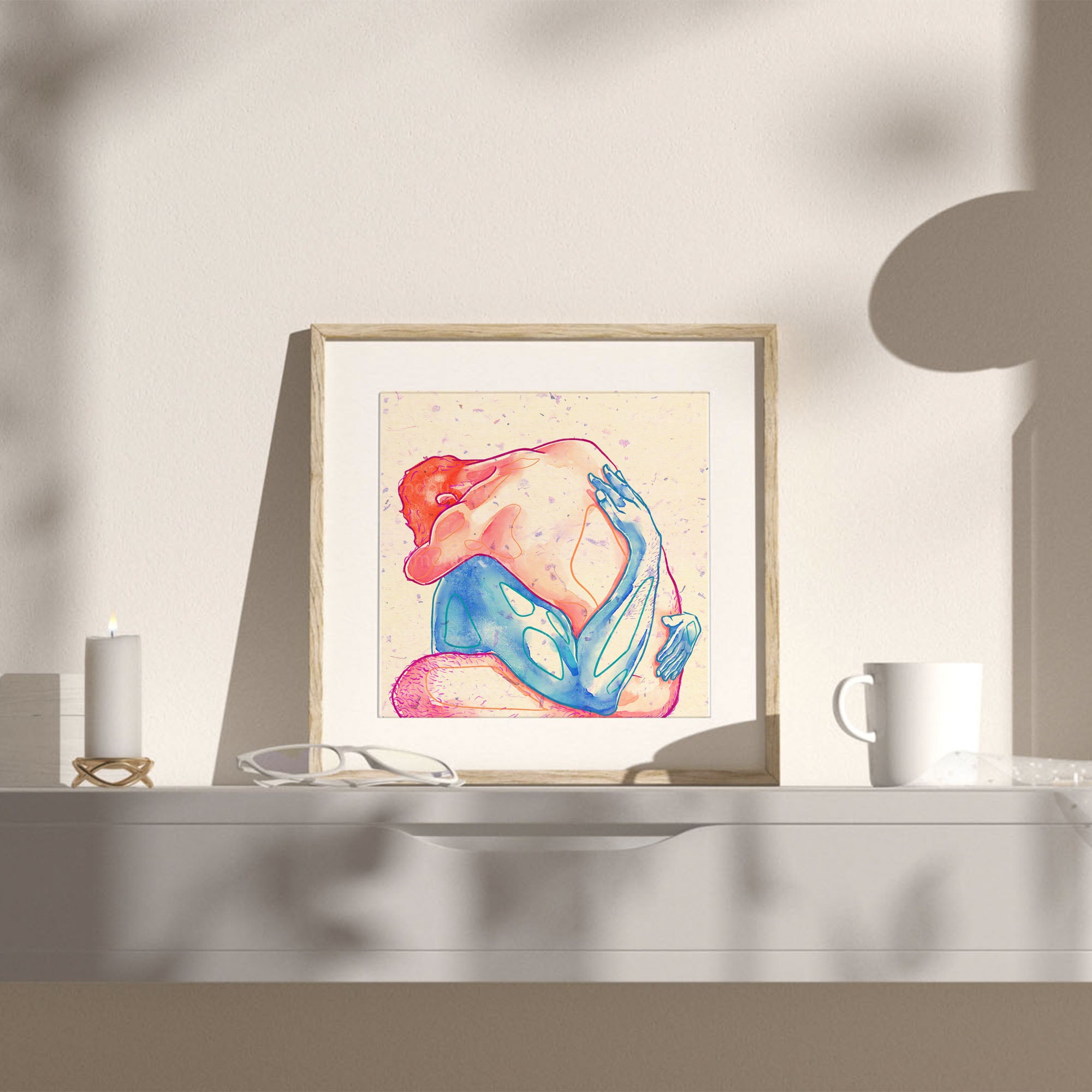 Balanced composition of two men intertwined, symbolic queer illustration, gay wall decor, minimalist intimacy art print.