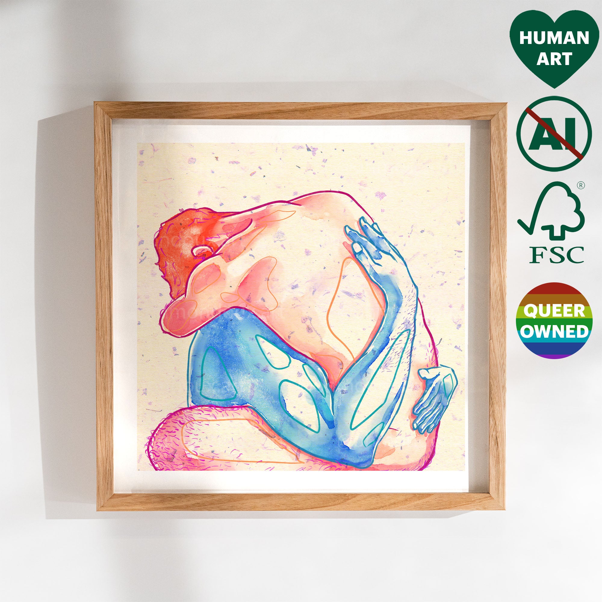 Balanced composition of two men intertwined, symbolic queer illustration, gay wall decor, minimalist intimacy art print.
