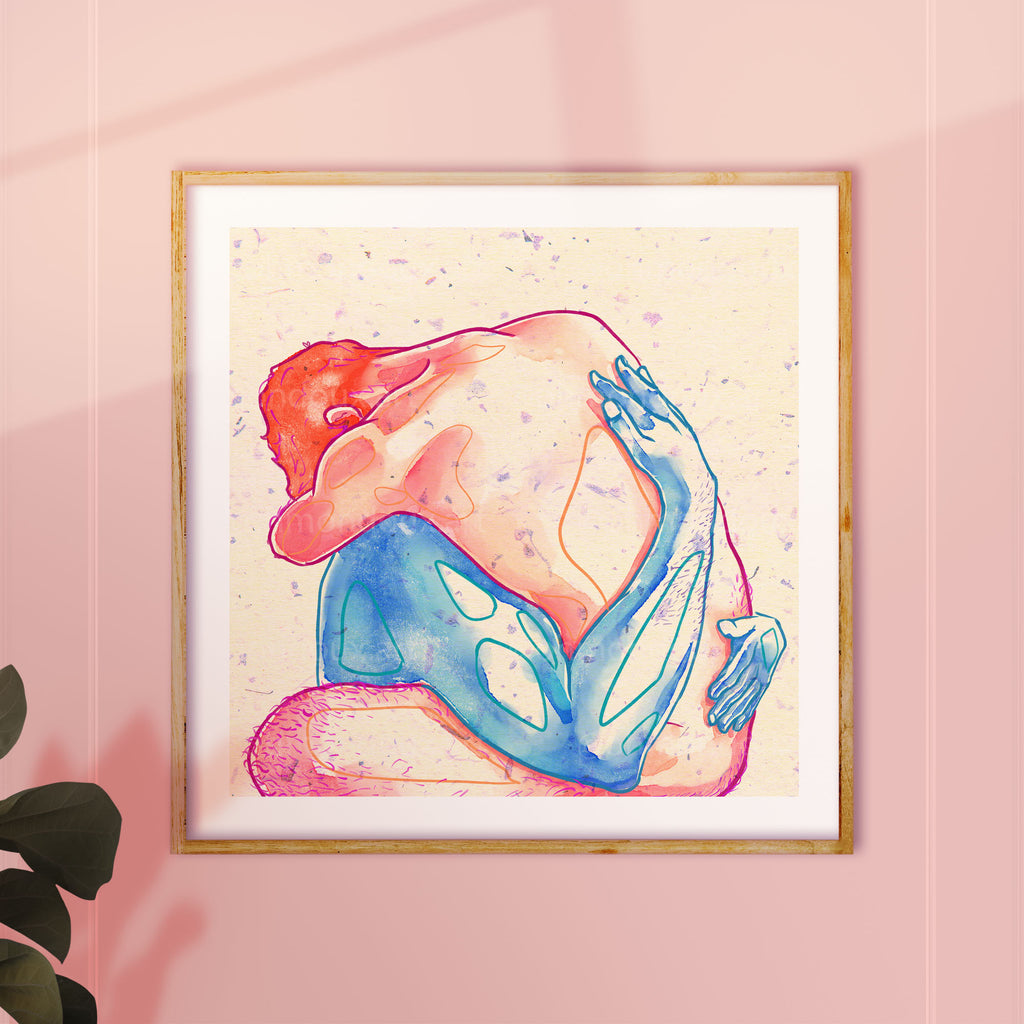Balanced composition of two men intertwined, symbolic queer illustration, gay wall decor, minimalist intimacy art print.