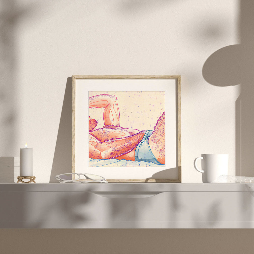 Soft morning scene of a gay couple, domestic intimacy, queer art print, romantic gay wall decor for the bedroom.