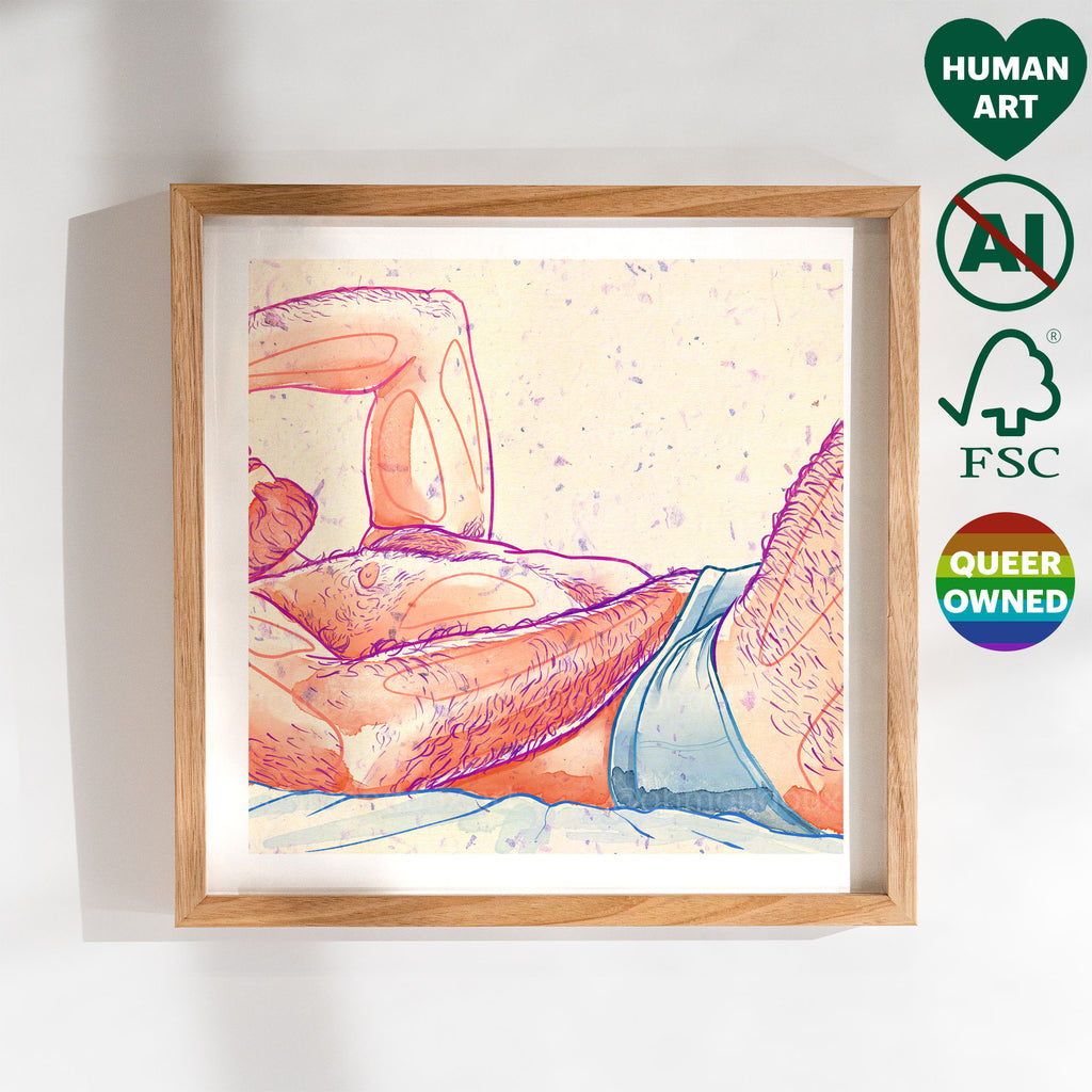 Soft morning scene of a gay couple, domestic intimacy, queer art print, romantic gay wall decor for the bedroom.