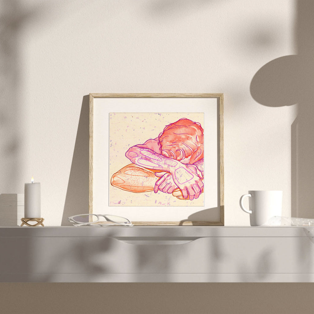 Romantic gay illustration of two men in a gentle embrace, minimalist line art, queer art print, homoerotic wall decor.