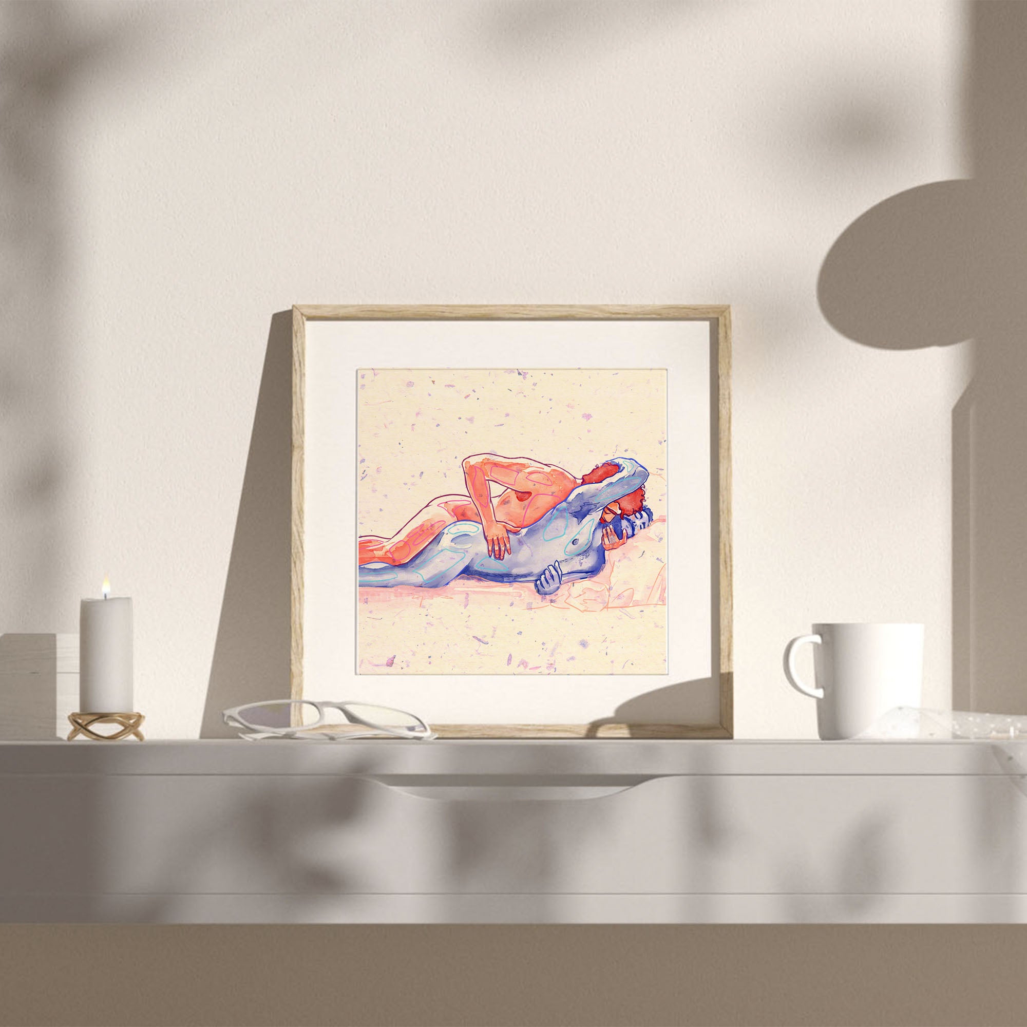 Soft and intimate drawing of a gay couple cuddling, masculine tenderness, gay wall art, queer home decor print Oh Mon Doux.