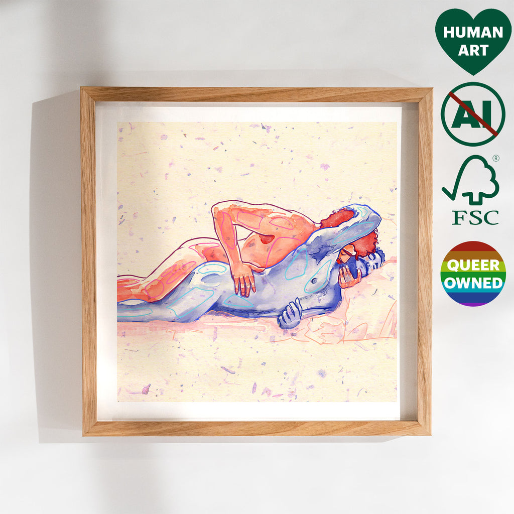 Soft and intimate drawing of a gay couple cuddling, masculine tenderness, gay wall art, queer home decor print Oh Mon Doux.